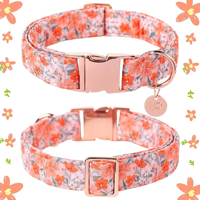 Dog Collar for Summer,Orange Flower Dog Collar,Cotton Puppy Collar with Adjustable Buckle for Small,Medium,Large Girl Boy Dog