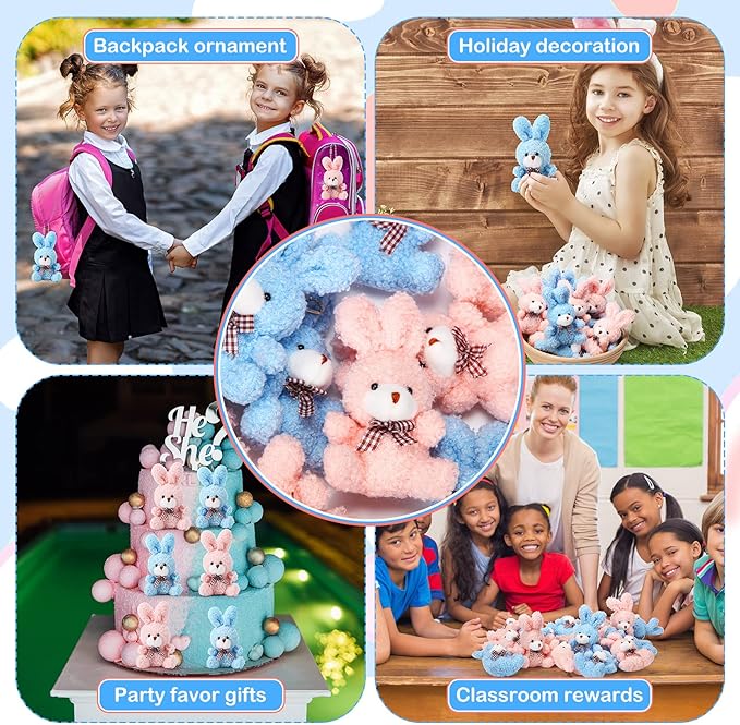 Sotiff 24 Pcs Easter Plush Bunny Stuffed Animal Gift Bulk 4.7 Inch Mini Bunnies Keychain Doll Furry Rabbit with Bow Tie for Birthday Baby Shower Party Favor Gifts Classroom Rewards(Pink, Blue)