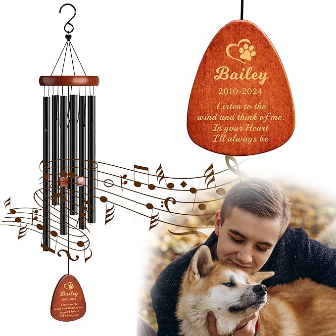 Personalized Dog Memorial Gifts for Loss of Dog, 25.5'' Pet Memorial Gifts for Dogs, Pet Memorial Wind Chimes, Loss of Dogs Sympathy Gift, Pet Passing Away Gift for Loss Loved One(Design 1, Black)