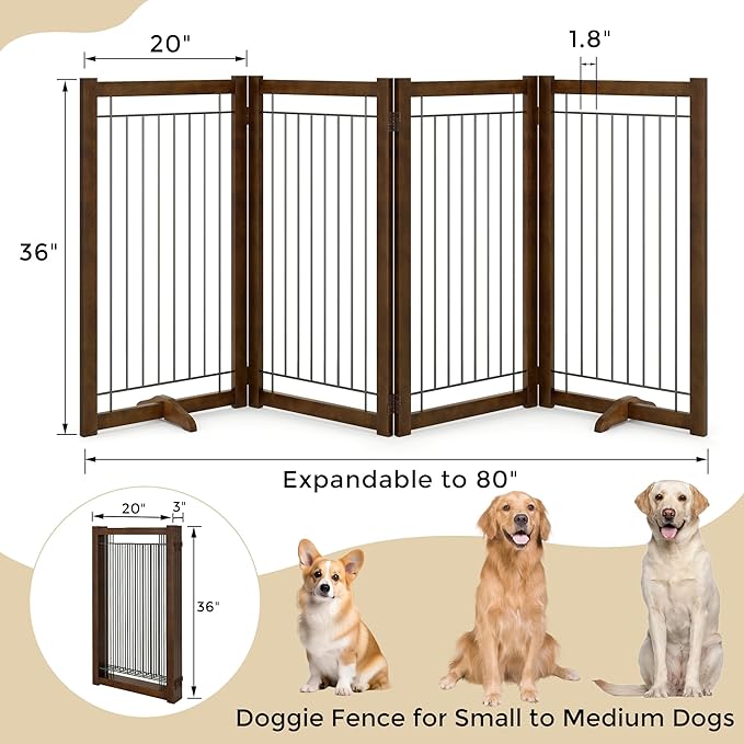Wire Dog Gate Solid Wood Frame, Anti-Chewing, 4-Panel, 36" Height, 80" Width, Indoor Freestanding Pet Gate Foldable Wooden Dog Fences for Stairs, House, Doorway, Walnut Color
