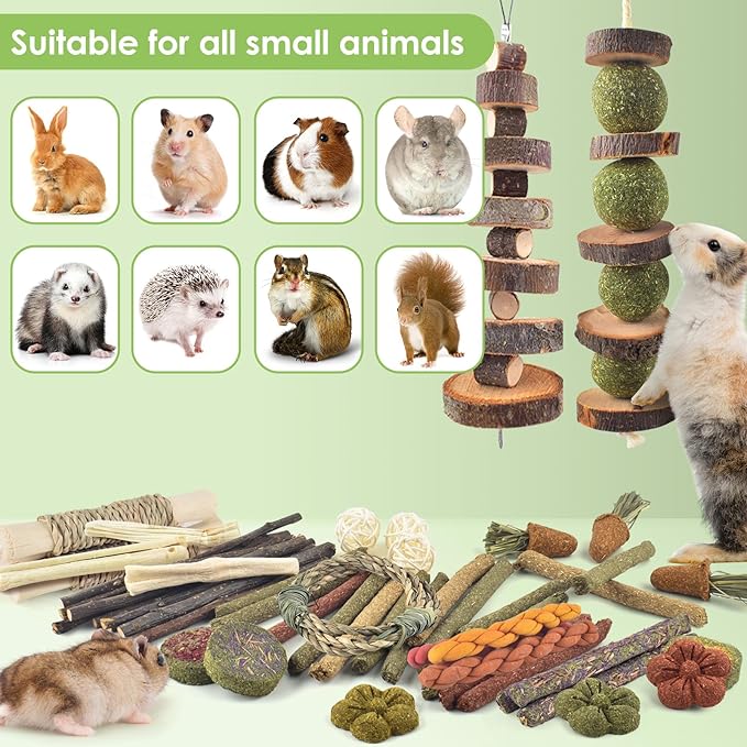 ERKOON Bunny Toys Boredom, 100 PCS Bunnies Timothy Hay Sticks Carrots Rose Grass Cake Dental Care, Molar, Chinchillas Toy Chew Toy, Guinea Pigs, Hamsters, Chinchilla, Rabbit Chew Toys for Teeth