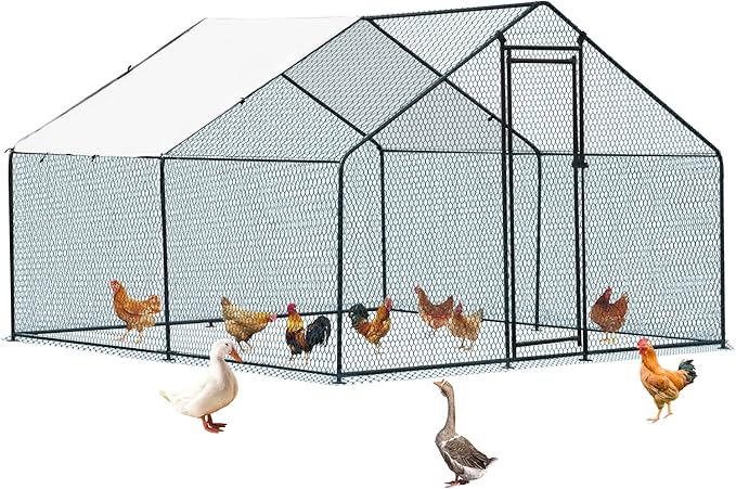 VINGLI Chicken Coop, 9.8x9.8x6.5 ft Large Metal Poultry Cage for Chicken Run, Walk-in Chicken Pen with Waterproof & Anti-UV Cover for Yard Outdoor (Black-Spire Roof)