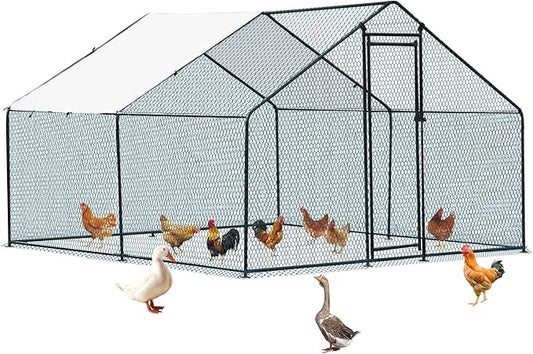 VINGLI Chicken Coop, 9.8x9.8x6.5 ft Large Metal Poultry Cage for Chicken Run, Walk-in Chicken Pen with Waterproof & Anti-UV Cover for Yard Outdoor (Black-Spire Roof)
