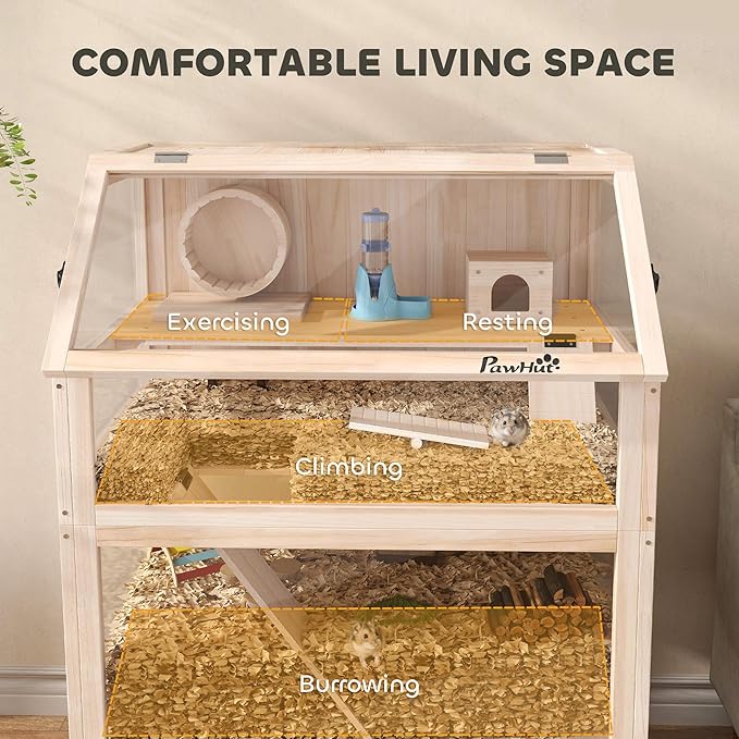 PawHut Wooden Hamster Cage, 3 Tier Small Animal Cage with Detachable Lower Floor, Storage Shelf, Hut, Seesaw, Exercise Wheel, Ramps, Hamster Habitat for Dwarf, Gerbil, 31.5" x 21" x 46"