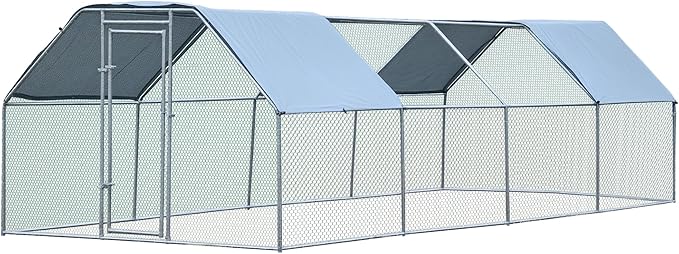 PawHut Large Chicken Coop Metal Chicken Run with Waterproof and Anti-UV Cover, Flat Shaped Walk-in Fence Cage Hen House for Outdoor and Yard Farm Use, 1.3" Tube Diameter, 9' x 24' x 6.5'