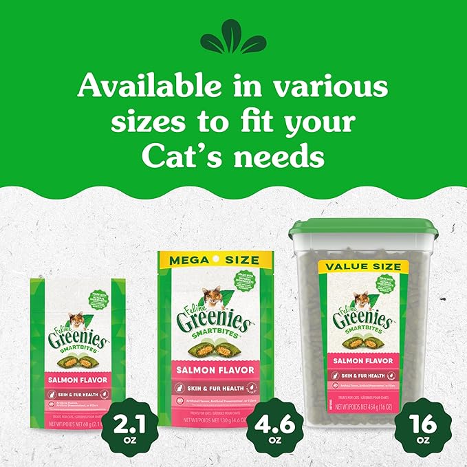 Greenies Feline Smartbites Skin & Fur Crunchy and Soft Cat Treats, Salmon Flavor, 2.1 oz. Pack