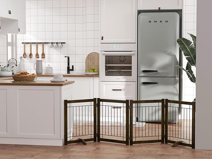 Wire Dog Gate Solid Wood Frame, Anti-Chewing, 4-Panel, 24" Height, 80" Width, Indoor Freestanding Pet Gate Foldable Wooden Dog Fences for Stairs, House, Doorway, Walnut Color
