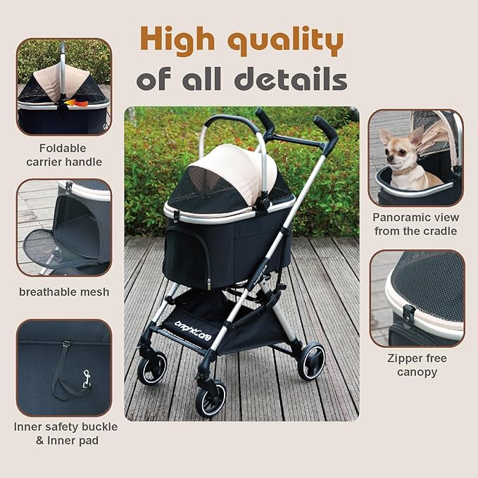 3-in-1 Small Pet Stroller for Small Dogs & Cats Under 20 lb with Detachable Carrier, Converts to Car Seat, Ultra-Lightweight only 11lb, One-Hand Fold