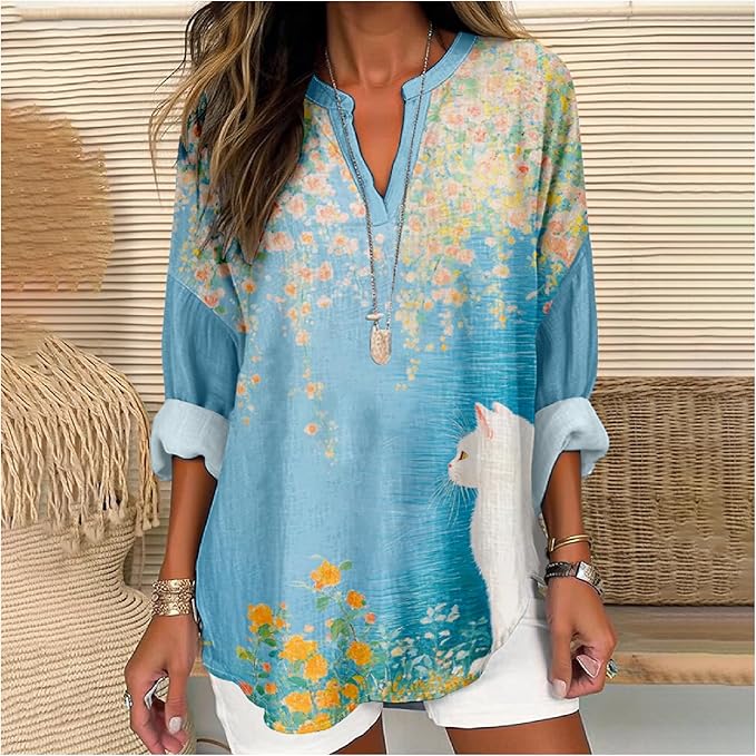 MARSVOVO Cat Shirts for Women Long Sleeve Cute Cat Pullover Graphic Novelty V Neck Blouse Oversized Funny Tunic Tops