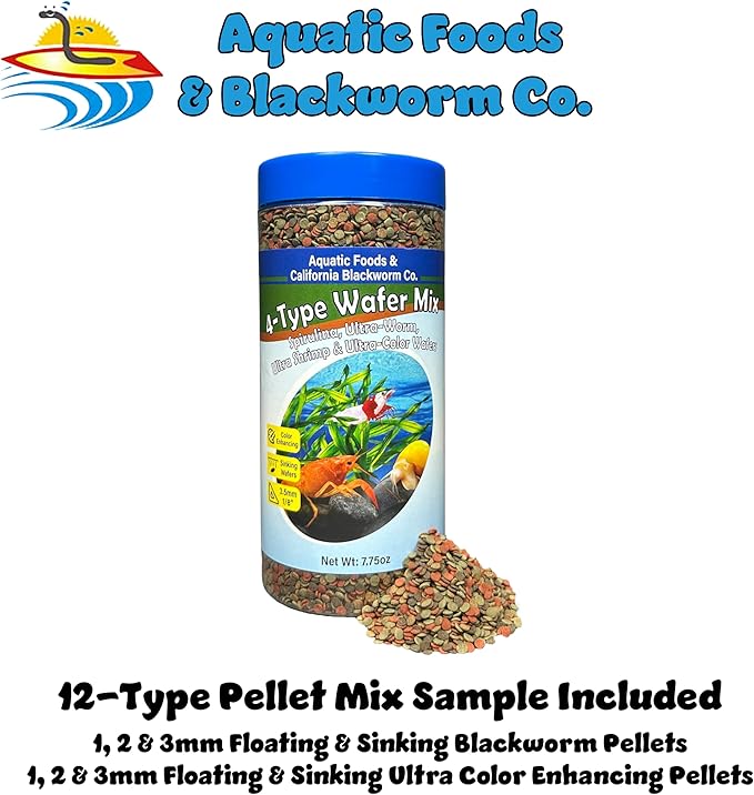 Aquatic Foods Inc. 4-Type 3.5mm - 1/8" Sinking Wafer Mix of Spirulina-Algae, Ultra-Worm, Ultra-Shrimp, Color Enhancing Wafers for Shrimp, Snails, Crayfish, All Tropical Fish, 3.5mm..10oz Canister