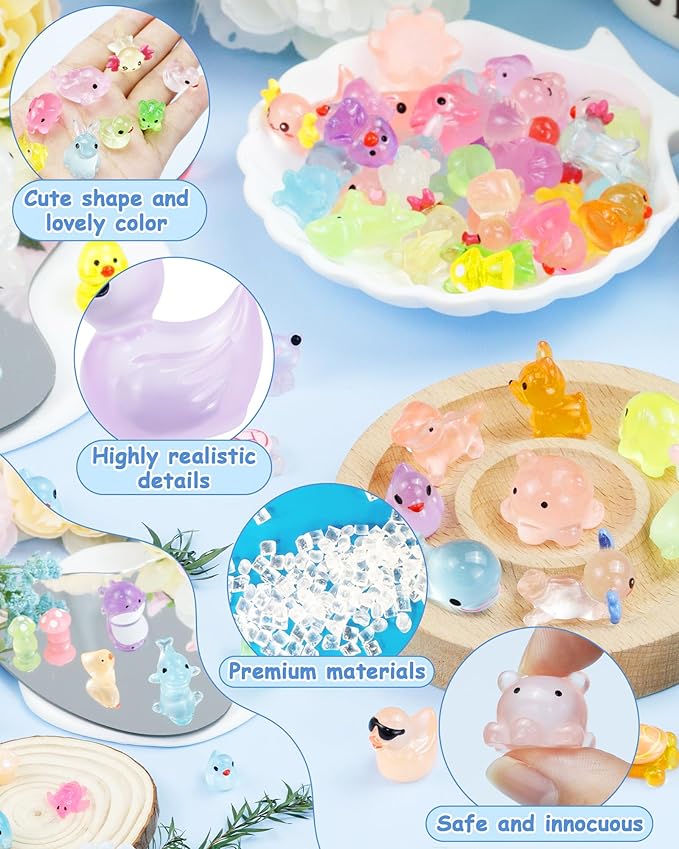 FIVEIZERO 100PCS Luminous mini Resin Animals Bulk - 20 Styles Glow in The Dark Plastic Tiny Animals Figures for Dollhouse, Fairy Garden, Aquarium, Party Favors & DIY Craft Decor