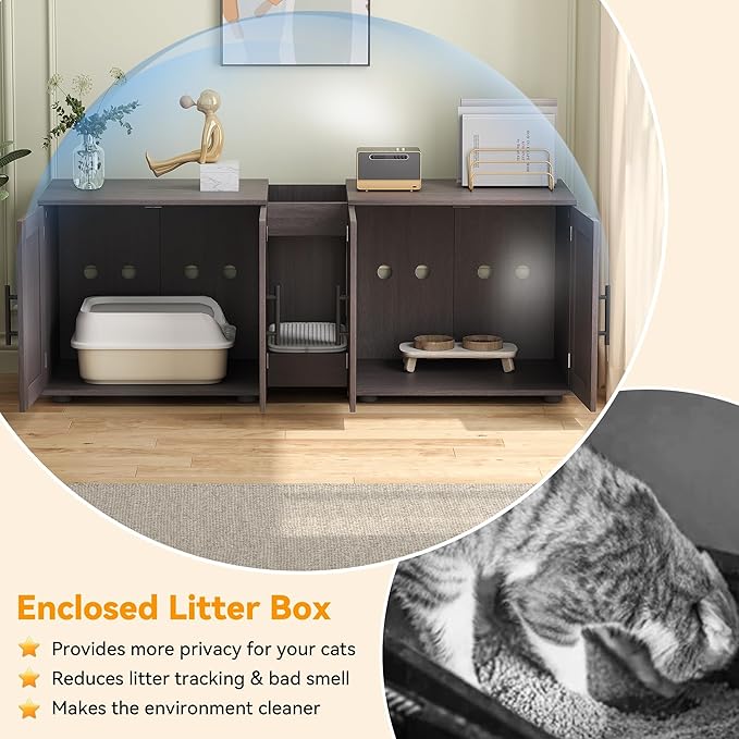 Cat Litter Box Enclosure Furniture for 2 Cats, 55" Large Hiddden Cat Litter Box Enclosure Furniture 3-IN-1 Wooden Cat Litter Cabinet with Barn Door & Double Rooms for Bedroom Living Room, Walnut