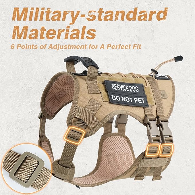 No Pull Tactical Dog Harness for Medium Dogs, Escape Proof Molle Dog Vest Harness and Leash Set, Adjustable Military Service Dog Harness with Handle for Medium Large Dogs(Brown,Medium)