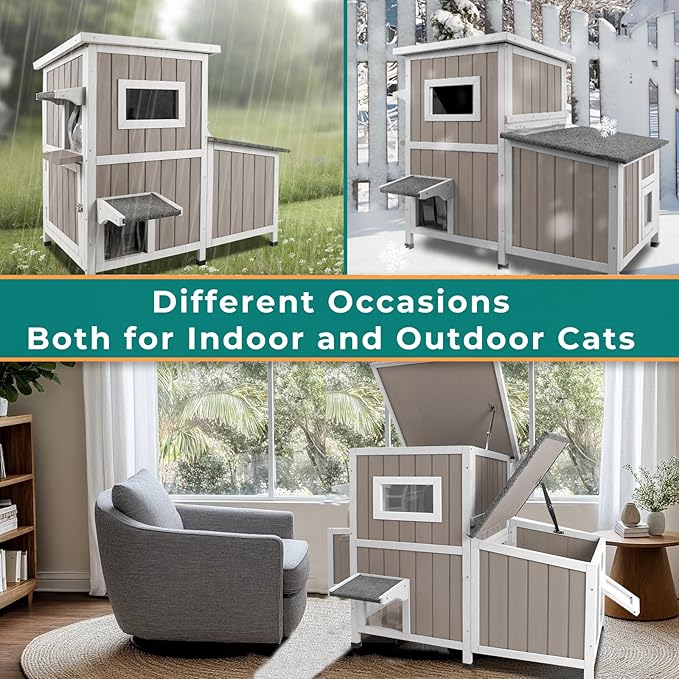 PetsCosset Cat House for Outdoor Cats Outside Feral Cat Shelter Weatherproof Wooden Cat Houses for 2-3 Cats with 3 Rooms 3 Escape Doors 2 Openable Asphalt Roofs