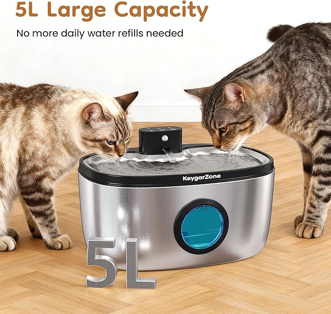 Wireless Cat Water Fountain Stainless Steel: 5L Stainless Steel Pet Water Fountain for Cats & Dogs Indoor, Automatic Battery Operated Cat Water Fountain, Ultra-Quiet Cat Water Dispenser with Filter