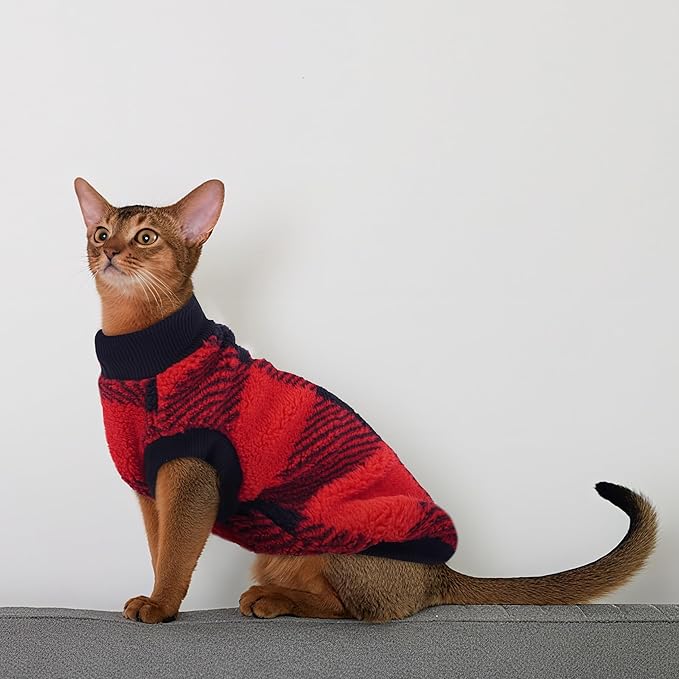 PUMYPOREITY Christmas Sweater for Cats, Winter Warm Cat Sweater - Super Soft & Elastic Knit with Plush Fleece, Easy-On Cozy Cat Outfit for Indoor/Outdoor,Red, S