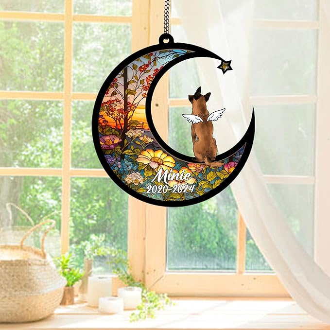 Personalized Belgian Malinois Sun Catcher, Dog Memorial Gifts, Custom Belgian Malinois with Wings Ornament Christmas Tree, Loss of Dog Sympathy Gift Memorial Suncatchers