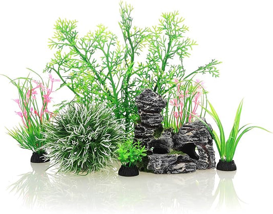 JIH Aquarium Fish Tank Plastic Plants and Cave Rock Decorations Decor Set 7 Pieces, Small and Large Artificial Fish Tank Plants with Cave Rock