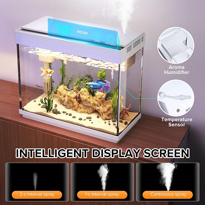 Fish Tank 2.4 Gallon Aquarium Kit with Humidifier 7-Color Auto-Looping 3 in 1 Quiet Pump with Filteration & Oxygenation & Circulation, Temperature Display, HD Glass