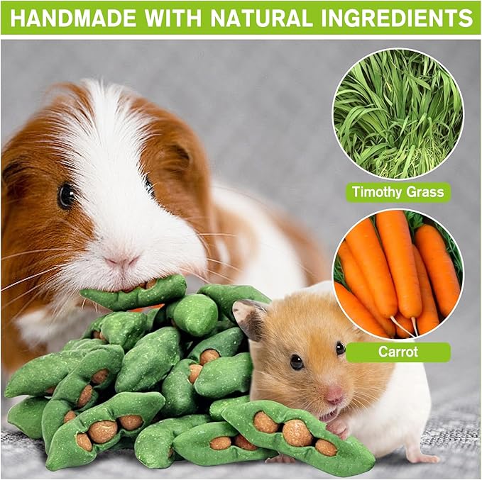 Fhiny Peapods Hamster Chew Toys, 24 PCS Natural Timothy Grass Carrot Guinea Pig Chew Toys for Teeth Handmade Small Animal Molar Snacks Dental Care for Bunny Chinchilla Hamster Gerbil Boredom Breaker