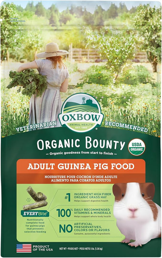 Oxbow Organic Bounty Adult Guinea Pig Food, Organic Guinea Pig Pellets Made with Timothy Hay, Stabilized Vitamin C, Small Animal Pet Products, Small Animal Food Made in USA, High Fiber, 3 lb. bag