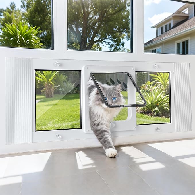Slevoo Cat Door for Window Adjustable Fits 32"-36" Sliding Windows, Energy-Saving High-Seal Window Pet Door with 4 Lock Modes, Tool-Free Install, Heavy-Duty Aluminum Frame, Multi-Pet Compatible