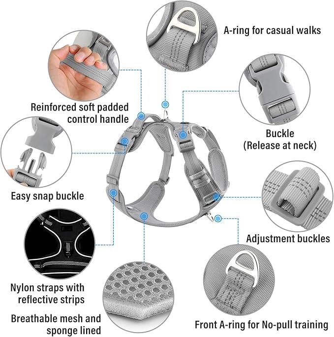 Plutus Pet No Pull Dog Harness, Release at Neck, Reflective Adjustable Dog Vest Harness, Easy Control Handle for Walking, for Small Medium Large Dogs, Gray, M