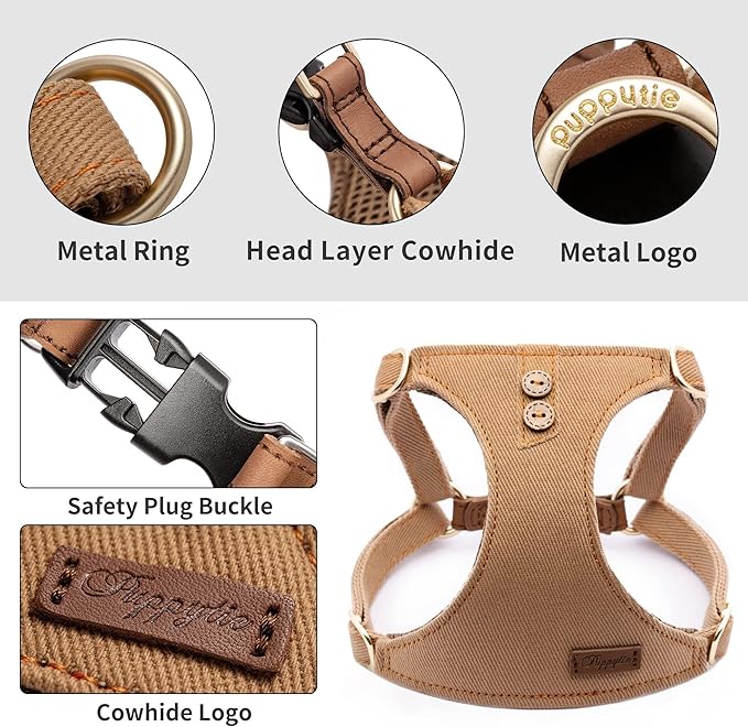 Dog Harness, No Pull Dogs Harness and Multi-Function Leash Set for Medium Dogs Easy Walk Everyday Adjustable Soft Dog Vest Harness Fashionable Dog Accessories Denim Khaki-Button-Slim Large