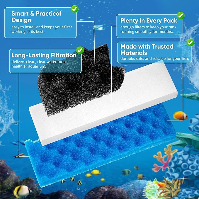 12 PCS Foam Filter Media Kit Compatible with Fluval 406/407 Canister Filters Including Blue White Black Bio Foam for Replacement Filter Sponges for Aquariums