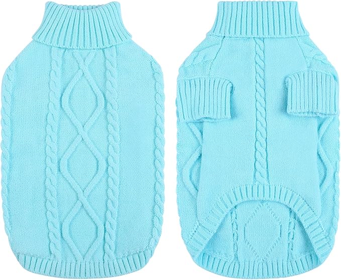 Queenmore Small Dog Pullover Sweater, Cold Weather Cable Knitwear, Classic Turtleneck Thick Warm Clothes for Chihuahua, Bulldog, Dachshund, Pug (Sky Blue, Large)