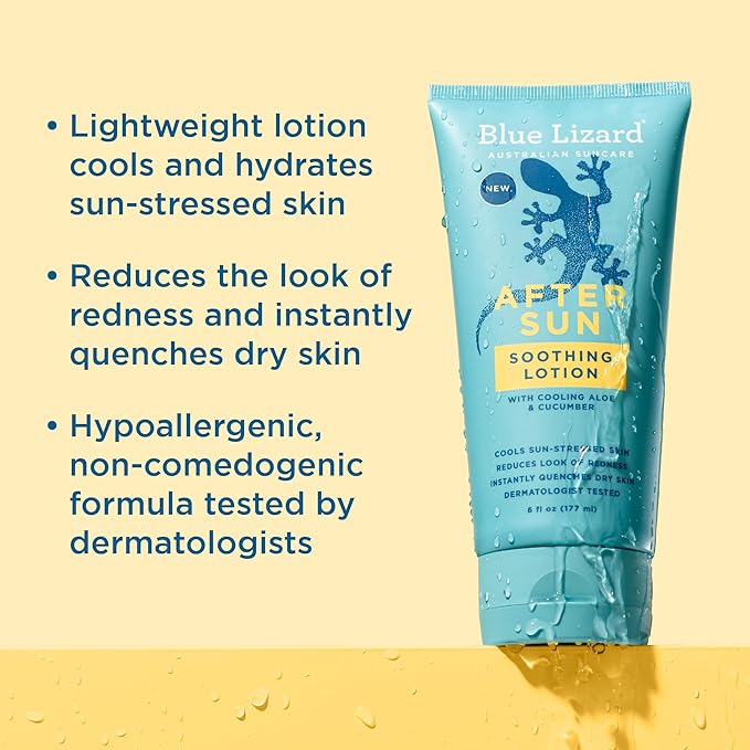 BLUE LIZARD After Sun Soothing Lotion, Lightweight Formula with Shea Butter, Soothes and Moisturizes, Proven to Reduce the Look of Redness, Instant Hydration, Vegan, Hypoallergenic, 6 oz.