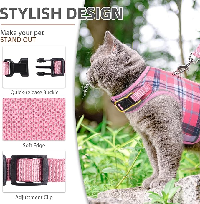 PUPTECK Soft Mesh Cat Vest Harness and Leash Set Puppy Padded Pet Harnesses Escape Proof for Cats Small Dogs Rabbits Bunny, Plaid Pink, XL