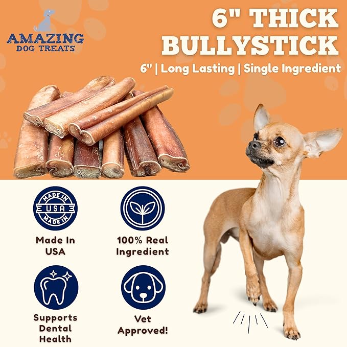 Amazing Dog Treats Bully Stick for Dogs (Extra Thick/Jumbo 6 Inch - 6 Count) - Long Lasting, Safe Chews