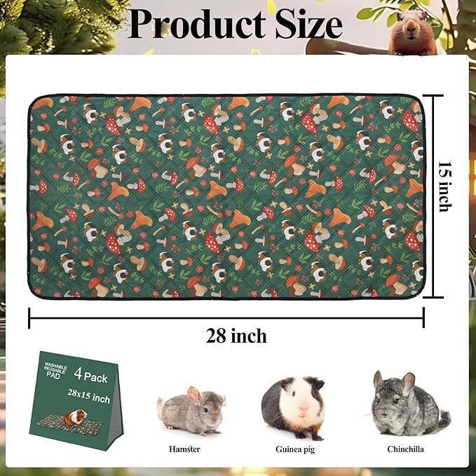 4 Pack Guinea Pig Cage Liners - Washable 28"X15" Bedding Pee Pad, Super Absorbent, Waterproof & Anti-Slip Reusable Mat for Rabbit, Hamster, Rat