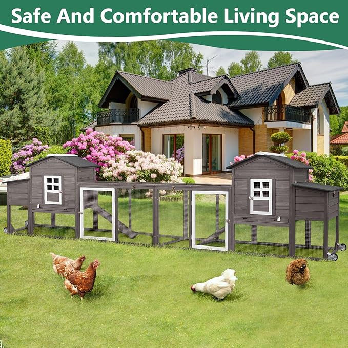158" L Large Chicken Coop with Run, Mobile Chicken Hen House with Wheels, Nesting Boxes, Outdoor Rabbit Hutch, Poultry Cage for Chickens Ducks Bunny with Removable Tray, Ramp (Grey)