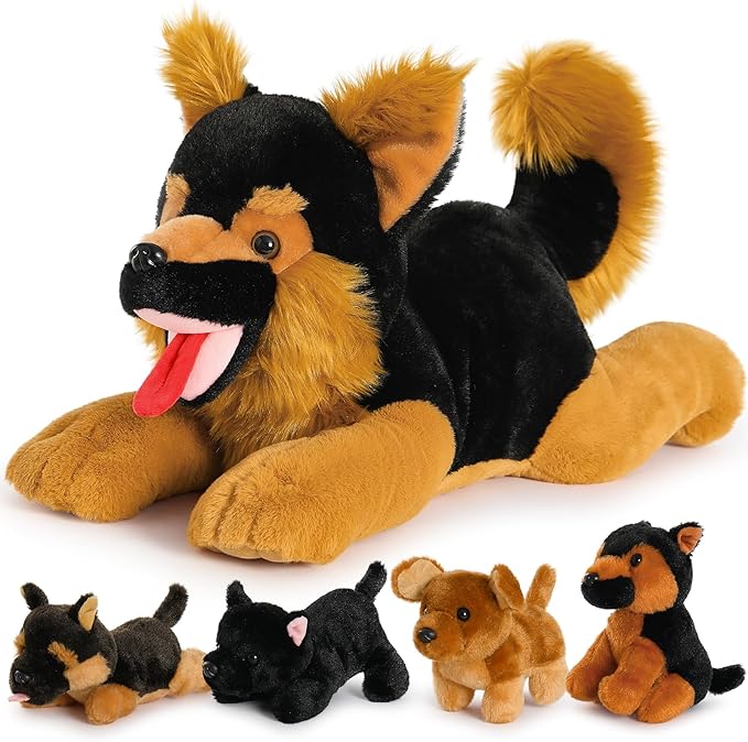 German Shepherd Stuffed Animals, 20 Inch Plush Toys with 4 Babies, Gift for Kids