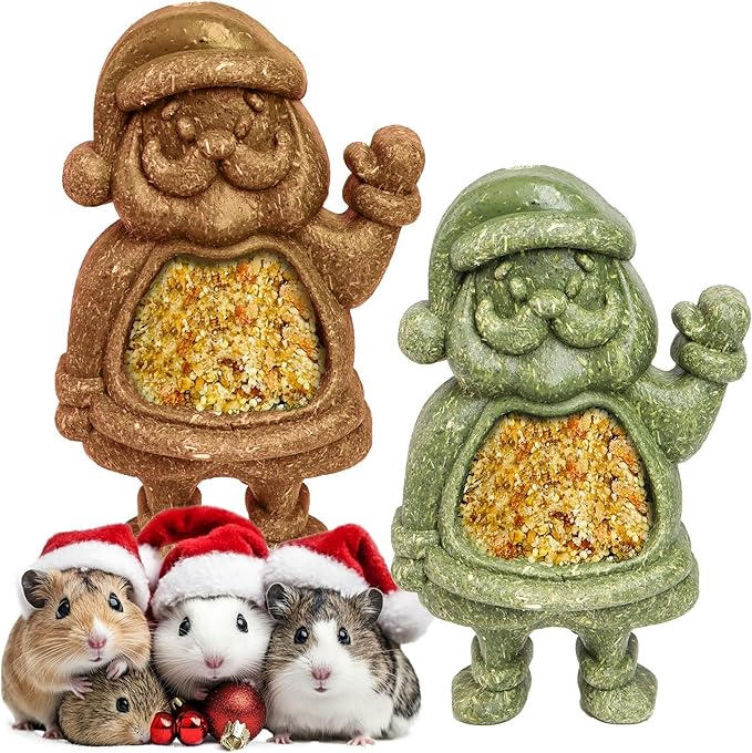 TEEWY Santa Claus Guinea Pig Toys, Natural Vegetables, Fruits and Timothy, Christmas Hamster Chew Toys for Teeth, Guinea Pig Toys Enrichment, Small Animal Chew Toys for Chinchilla, Rat, Gerbil, 2PCS