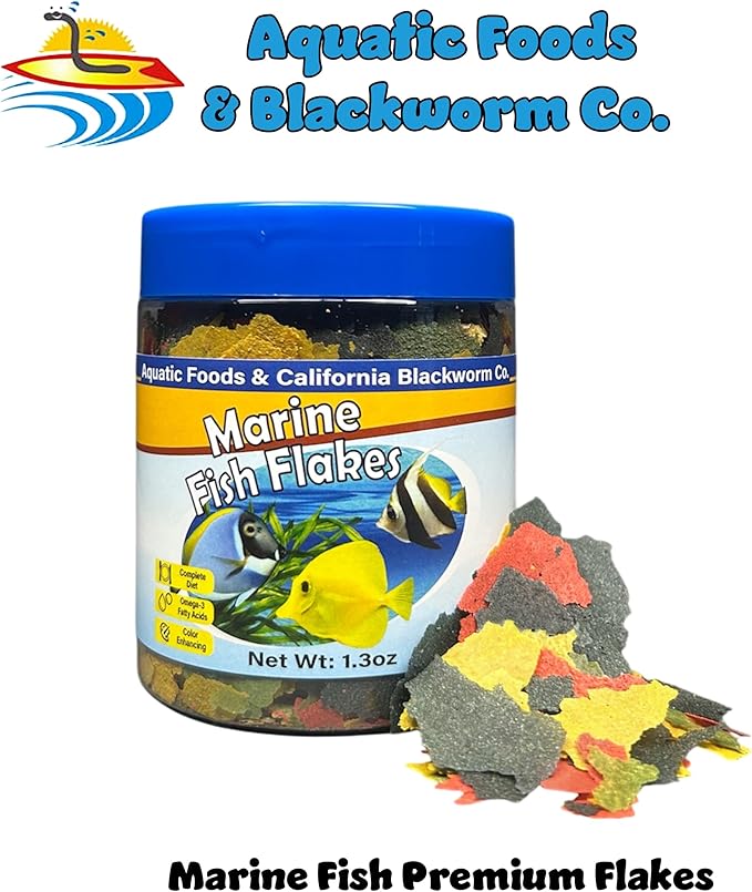Aquatic Foods Inc. Premium Marine Fish Flakes with Algae, Seaweed and Nori for Clown Fish, Tangs, Butterflies, Angel Fish, 4-Type Wafer Mix & 12-Type Pellet Mix Included 1.30oz Canister