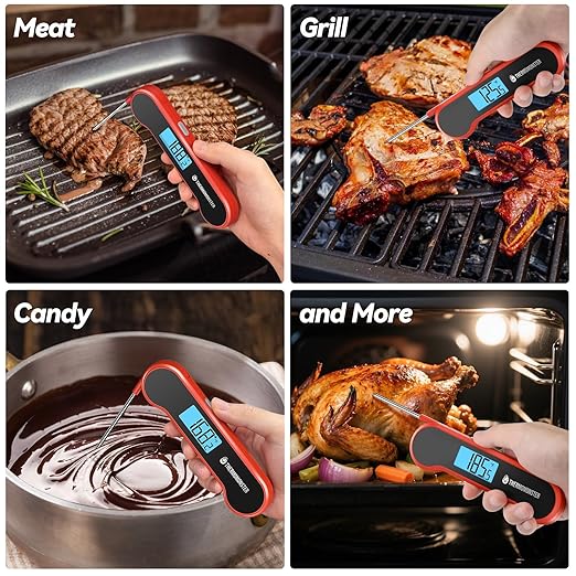 0.5 Sec Instant Read Meat Thermometer Digital with ±0.5℉ Precision, Food Thermometer for Cooking Kitchen Gadgets, Oven Grill Candy BBQ Essentials Accessories, Gifts for Him Dad Men Birthday, Red