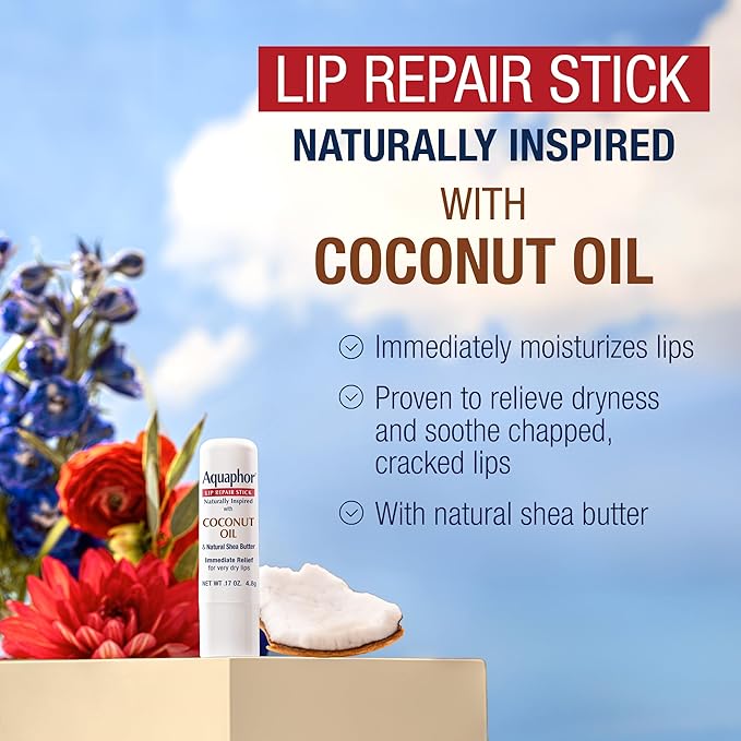 Aquaphor Naturally Inspired Lip Repair Stick with Coconut Oil and Natural Shea Butter, Hydrating Lip Balm Immediately Relieves Dryness and Soothes Chapped Lips, 0.17 Oz Stick, (Pack of 6)