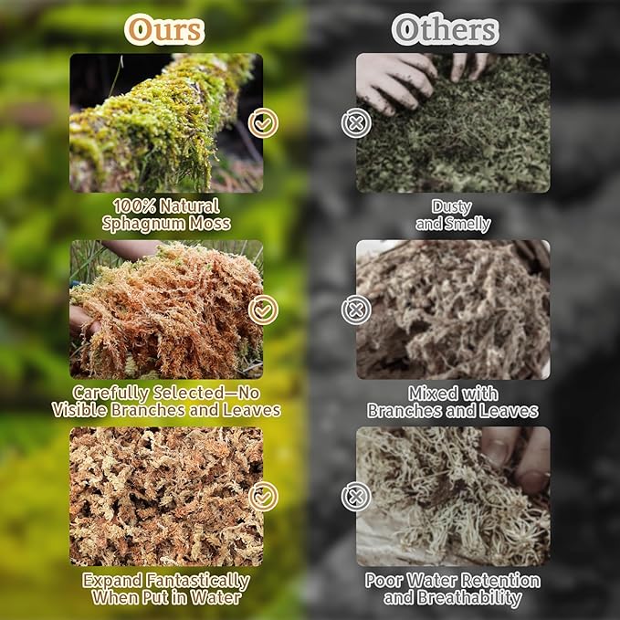 Riare 2.2LB Natural Sphagnum Moss for Reptiles- 50QT Reptile Substrate Moss for Terrarium, Frogs Snake Bedding for Leopard Gecko Turtle Anoles Salamanders Ball Python Snake