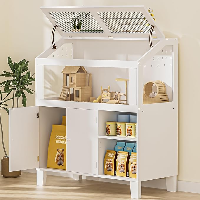 Hamster Cage with Storage Cabinet Small Animal Cage, Natural Solid Wood Large Guinea Pig Cages with Acrylic Windows for Easy Viewing, Hedgehog Cage for Gerbil,Rat, Hedgehog, Habitats, White