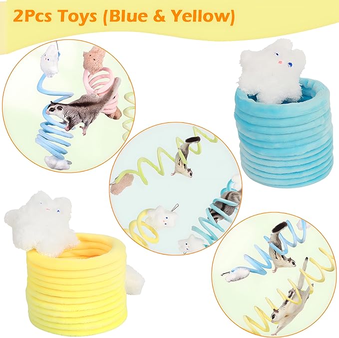 Sugar Glider Toys, Elastic Sugar Glider Climbing Ropes, Hanging Sugar Cage Accessories, Rat Enrichment Climbing Toys, Soft Touch Small Pet Swing Toy (2pcs Blue & Yellow)