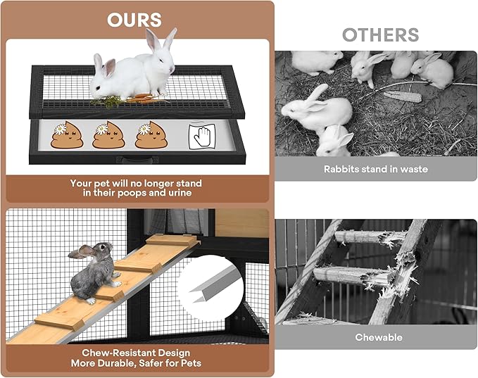 2-Story Rabbit Hutch, Bunny Hutch w/Chew-Proof Ramp & Wheels, Indoor Outdoor Bunny Cage w/Leak-Proof Trays and Openable Waterproof Roof for Guinea Pig, Yellow