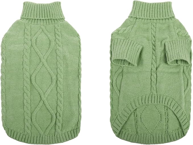 Queenmore Small Dog Pullover Sweater, Cold Weather Cable Knitwear, Classic Turtleneck Thick Warm Clothes for Chihuahua, Bulldog, Dachshund, Pug, Yorkie (Green, Medium)