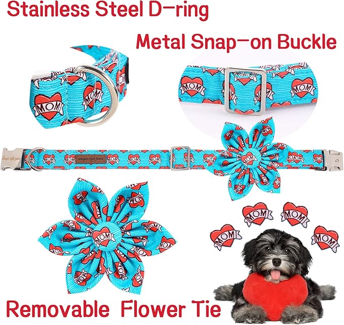 Unique style paws Valentine's Day Dog Collar with Flower Tie Blue Heart Puppy Collar Best Gift for Small Medium Large Boys Girls-XL