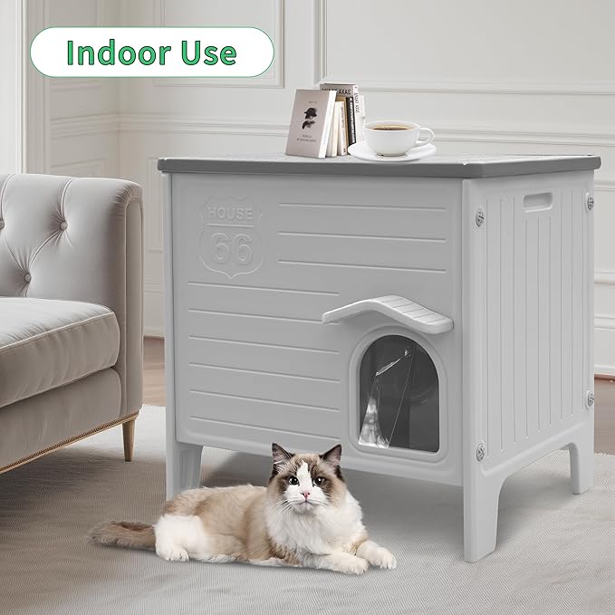 Rockever Insulated Outdoor Cat House, Waterproof Cat House for Outdoor Cats with Escape Door, Plastic Feral Cat House Outdoor Indoor, Spacious and Clean Easily (Grey,M)