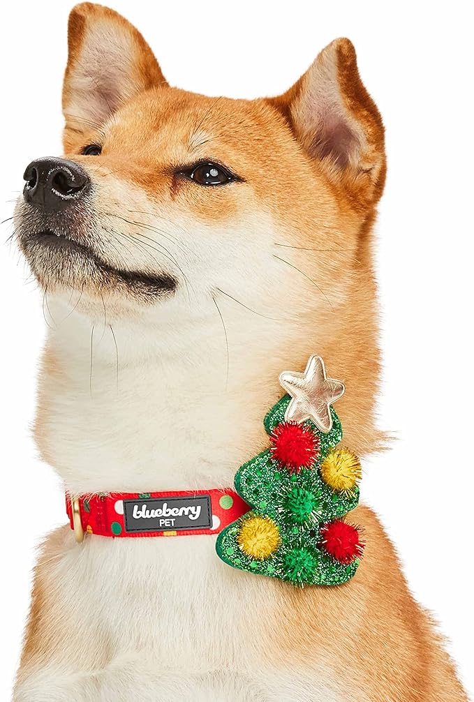 Blueberry Pet Festive Christmas Polka Dots Dog Collar with Bow, Medium Size, Adjustable 14.5"-20" Holiday Collar for Medium Dogs