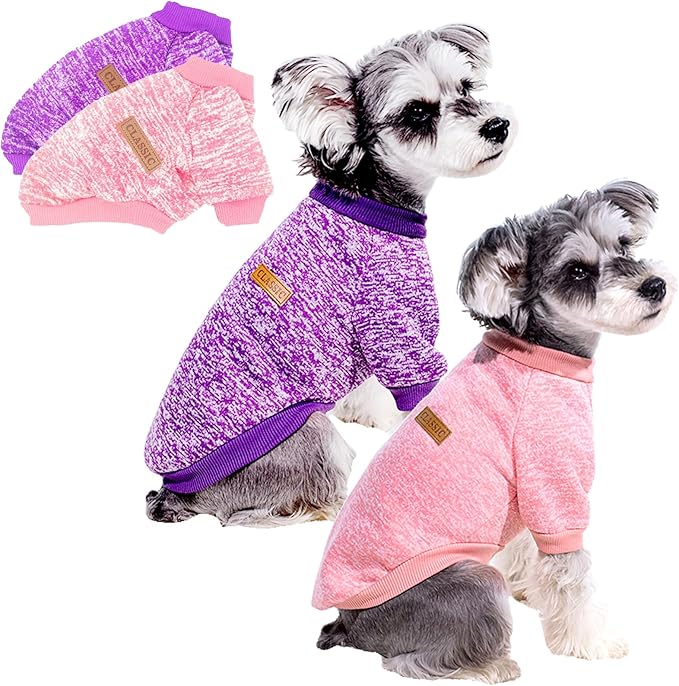 2 Pack Dog Sweaters for Small Dogs - Warm Winter Puppy Sweaters Cute Soft Dog Clothes Outfit Pet Costume for Boy Girl Doggie, Cat, Bulldog Pug Yorkie Kitten Chihuahua (Purple, Pink, Large)
