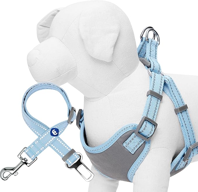 Blueberry Pet Pastel Colored Reflective Dog Harness with Seatbelt Clip – Adjustable No-Pull Pet Vest for Walking and Car Safety, Medium Size in Bably Blue
